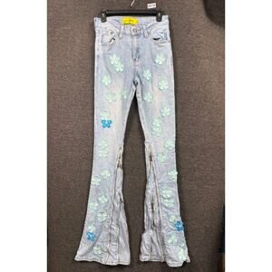 Guapi Aqua Blue Blossom Jeans Mens Size 28 Premium Denim Flared Leg Ankle Zip